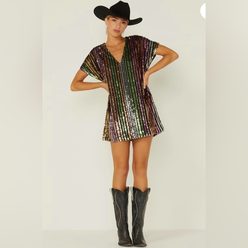 By Together rainbow striped short sleeve sequin‎ mini t-shirt dress sz XS